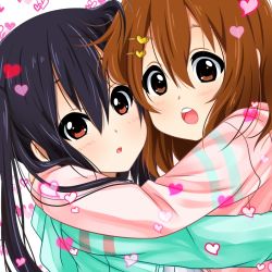 Rule 34 | 2girls, :d, :o, alternate costume, baretto, baretto (firearms 1), black hair, brown eyes, brown hair, commentary request, hair ornament, hairpin, hirasawa yui, hug, k-on!, multiple girls, nakano azusa, open mouth, red eyes, smile, twintails, yuri