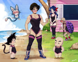 Rule 34 | 1girl, 1other, 4boys, artist name, bald, bare shoulders, beach, beard, black eyes, black footwear, black hair, blue eyes, blue footwear, blue hair, blue sky, blush, boots, breasts, brown footwear, child, cleavage, cloud, crossdressing, day, dizim, dragon ball, dragon ball (classic), facial hair, floating, full body, grass, green thighhighs, hair ribbon, hand on own hip, highres, house, kame house, kuririn, lingerie, long hair, looking at another, lunch (dragon ball), lunch (good) (dragon ball), medium breasts, monkey tail, multiple boys, muscular, mustache, muten roushi, no nose, old, old man, open mouth, outdoors, puar, red footwear, red ribbon, red thighhighs, ribbon, rock, shoes, short hair, sideways glance, signature, sky, smile, sneakers, socks over thighhighs, son goku, spiked hair, staff, standing, sunglasses, tail, thighhighs, turtle shell, underwear, underwear only, white beard, window, yamcha