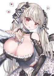 Rule 34 | 1boy, 1girl, :q, artist name, azur lane, between breasts, black bow, black dress, blush, bow, breasts, cleavage, closed mouth, commander (azur lane), commentary request, corset, covered erect nipples, detached collar, dress, earrings, formidable (azur lane), frilled dress, frills, hair bow, head tilt, heart, highres, jewelry, kirisaki shuusei, large breasts, leaning forward, long hair, long sleeves, motion lines, red eyes, silver hair, smile, solo focus, speech bubble, spoken heart, sweat, tongue, tongue out, trembling, upper body, very long hair