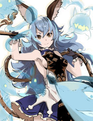 Rule 34 | 10s, 1girl, animal ears, arms up, bare shoulders, belt, belt skirt, black gloves, blue hair, blue skirt, breasts, rabbit ears, commentary, dress, erune, ferry (granblue fantasy), gloves, granblue fantasy, hair between eyes, holding, holding weapon, jewelry, long hair, looking at viewer, lowres, medium breasts, no bra, okuba, sideboob, skirt, smile, solo, wavy hair, weapon, whip, yellow eyes
