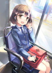 Rule 34 | 1girl, :d, bad id, bag, bag charm, bench, brown eyes, brown hair, bus, bus interior, charm (object), earphones, jin young-in, looking at viewer, motor vehicle, open mouth, original, school bag, school uniform, short hair, sitting, smile, solo, vehicle