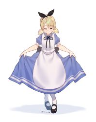 Rule 34 | 1girl, absurdres, alice (alice in wonderland), alice (alice in wonderland) (cosplay), alice in wonderland, apron, black bow, black footwear, black ribbon, blonde hair, blue dress, blush, bow, closed eyes, cosplay, curtsey, darjeeling (girls und panzer), dress, girls und panzer, hair ribbon, highres, kimi tsuru, mary janes, neck ribbon, pantyhose, ribbon, shoes, short twintails, skirt hold, smile, solo, twintails, twitter username, white apron, white background, white pantyhose