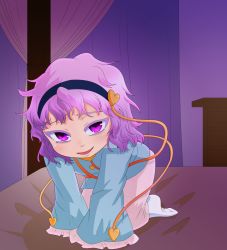 Rule 34 | 1girl, all fours, ann (artist), ann momitsu, bed, blouse, canopy bed, chest of drawers, commentary request, curtains, hands in opposite sleeves, headband, heart, highres, komeiji satori, light purple hair, looking at viewer, no shoes, on bed, parted lips, pink eyes, shirt, short hair, skirt, solo, touhou