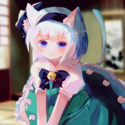 Rule 34 | 1girl, animal ears, architecture, bell, black bow, black bowtie, black hairband, black ribbon, blue eyes, blurry, blurry background, blush, bob cut, bow, bowtie, cat ears, cat girl, cat tail, closed mouth, collared shirt, commentary request, coronavirus pandemic, east asian architecture, frilled shirt collar, frilled skirt, frills, green skirt, green vest, hair ribbon, hairband, highres, hitodama print, indoors, jingle bell, ke-a-ru, kemonomimi mode, konpaku youmu, looking at viewer, neck bell, painting (object), puffy short sleeves, puffy sleeves, ribbon, shirt, short hair, short sleeves, shouji, skirt, sliding doors, solo, tail, tatami, touhou, v arms, vest, wavy mouth, white hair, white shirt