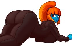 Rule 34 | 1girl, alien, ass, blazbaros, blue skin, blunt bangs, bodysuit, breast press, breasts, colored skin, confused, curvy, fiery hair, fire warrior, annoyed, high ponytail, huge ass, large breasts, long hair, looking at viewer, looking back, no nose, orange hair, ponytail, red eyes, red hair, science fiction, sidelocks, simple background, solo, t&#039;au, thick thighs, thighs, very long hair, warhammer 40k, white background, wide hips