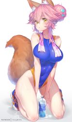 Rule 34 | 1girl, animal ear fluff, animal ears, blue footwear, blue one-piece swimsuit, blush, bottle, breasts, commentary request, competition swimsuit, covered navel, double bun, fate (series), fox ears, fox girl, fox tail, full body, hair bun, hair ornament, hong (white spider), large breasts, long hair, looking at viewer, one-piece swimsuit, pink hair, pink towel, shoes, simple background, sneakers, solo, swimsuit, tail, tamamo (fate), tamamo no mae (fate/extra), towel, towel around neck, water bottle, wet, white background, yellow eyes