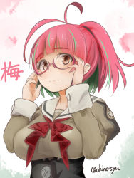 Rule 34 | 1girl, akino shuu, antenna hair, blouse, bow, bowtie, breasts, brown eyes, brown shirt, closed mouth, commentary request, glasses, green shirt, green hair, grey sailor collar, hands up, juliet sleeves, kantai collection, large breasts, long sleeves, looking at viewer, multicolored hair, pink-framed eyewear, pink hair, ponytail, puffy sleeves, red-framed eyewear, red bow, red bowtie, red eyes, sailor collar, school uniform, semi-rimless eyewear, serafuku, shirt, short hair, solo, streaked hair, twitter username, two-tone hair, ume (kancolle), under-rim eyewear, upper body, white sailor collar