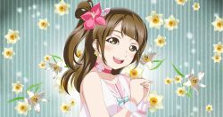 Rule 34 | 10s, 1girl, :d, blush, bokutachi wa hitotsu no hikari, brown eyes, brown hair, earrings, floral background, flower, hair flower, hair ornament, jewelry, love live!, love live! school idol project, minami kotori, one side up, open mouth, otsuki (aquatictai cqb), own hands together, smile, solo, striped, striped background, uchida aya, upper body, vertical stripes, voice actor, wrist cuffs