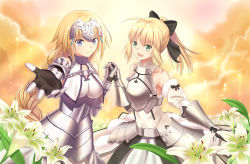 Rule 34 | 2girls, :d, ahoge, armor, artoria pendragon (all), artoria pendragon (fate), black ribbon, blonde hair, blue eyes, braid, breasts, cowboy shot, detached sleeves, fate/grand order, fate (series), faulds, flower, gauntlets, hair ribbon, headpiece, holding hands, interlocked fingers, jeanne d&#039;arc (fate), jeanne d&#039;arc (ruler) (fate), jeanne d&#039;arc (third ascension) (fate), lily (flower), multiple girls, open mouth, plackart, ponytail, reaching, reaching towards viewer, ribbon, saber lily, single braid, skyrail, smile