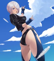 Rule 34 | 1girl, angel (kof), ass, blue eyes, breasts, feathers, grey hair, highres, jacket, large breasts, legs, lipstick, looking at viewer, looking back, makeup, puckered lips, short hair, sideboob, snk, solo, the king of fighters, thighs