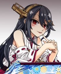 Rule 34 | 1girl, black hair, commentary request, detached sleeves, floral print, hair ornament, hairband, hairclip, haruna (kancolle), headgear, japanese clothes, kantai collection, long hair, looking at viewer, ribbon-trimmed sleeves, ribbon trim, solo, takana shinno, tongue, tongue out