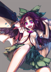 Rule 34 | 1girl, arm cannon, arm up, bow, brown hair, from below, green bow, green skirt, grey background, hair bow, highres, knees, legs, long hair, open clothes, open mouth, open shirt, pink eyes, reiuji utsuho, shirt, simple background, skirt, slit pupils, solo, spread wings, thupoppo, touhou, weapon, wings