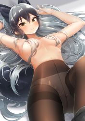 Rule 34 | 1girl, absurdres, animal ears, areola slip, armpits, arms up, black hair, blush, censored, censored nipples, closed mouth, covered navel, fox ears, fox girl, fox tail, gradient hair, grey hair, hair censor, hair over breasts, high-waist pantyhose, highres, kemono friends, looking at viewer, lying, mappuri, multicolored hair, on back, panties, panties under pantyhose, pantyhose, silver fox (kemono friends), skirt, skirt around one leg, smile, solo, tail, topless, underwear, white panties, yellow eyes