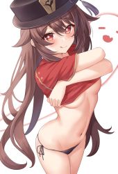 Rule 34 | 1girl, :q, absurdres, black panties, blush, boo tao (genshin impact), breasts, brown hair, brown hat, clothes lift, cowboy shot, flower-shaped pupils, genshin impact, groin, hair flaps, hat, hayasaka (a865675167774), highres, holding, hu tao (genshin impact), lifting own clothes, long hair, navel, no bra, panties, red eyes, red shirt, shirt, shirt lift, short sleeves, simple background, small breasts, solo, string panties, symbol-shaped pupils, tongue, tongue out, twintails, underboob, underwear, undressing, white background