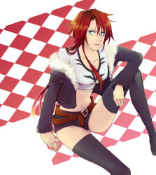 1990s_(style) 1girl belt blue_eyes breasts brown_hair crop_top cropped_jacket female_focus final_fantasy final_fantasy_viii genderswap genderswap_(mtf) jacket lepta long_hair looking_at_viewer medium_breasts midriff navel retro_artstyle scar solo squall_leonhart white_background