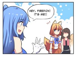 Rule 34 | 3girls, animal ears, blue eyes, blue hair, blush, breasts, brown hair, closed mouth, collarbone, comic, elbow gloves, english text, fox ears, fox tail, gloves, hair ornament, highres, hinghoi, internet explorer, large breasts, legend of mana, looking at another, mozilla firefox, multiple girls, open mouth, orange skirt, os-tan, seiken densetsu, short hair, skirt, smile, speech bubble, tail, white gloves
