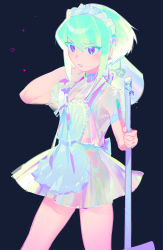 Rule 34 | 1boy, absurdres, androgynous, apron, arm over shoulder, bucket, collar, crossdressing, dark background, earrings, green hair, heart apron, highres, holding, iridescent, jewelry, km (ksolee1201), lio fotia, maid, maid headdress, male focus, pink eyes, promare, ribbon, see-through, short hair, short sleeves, simple background, solo, sparkle, trap