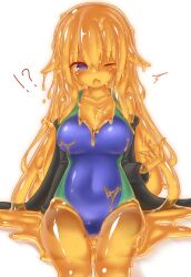 Rule 34 | 1girl, blue eyes, breasts, cleavage, colored skin, curss, highres, large breasts, monster girl, one-piece swimsuit, one eye closed, open mouth, orange hair, orange skin, slime girl, solo, swimsuit