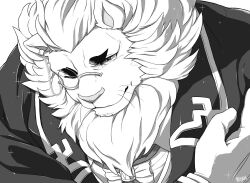 Rule 34 | 1boy, animal ears, bara, bowing, coat, commentary request, furry, furry male, greyscale, hand on own chest, hijirino yuuta, lion boy, lion ears, lion mane, looking at viewer, male focus, monochrome, monocle, monocle chain, one eye closed, snow (housamo), sparkle, tokyo houkago summoners, whiskers, white background