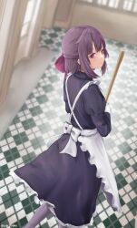 Rule 34 | 1girl, alternate costume, apron, back bow, black dress, blurry, blurry background, bow, broom, checkered floor, dated, dress, enmaided, fallenshadow, hair bow, highres, holding, holding broom, indie virtual youtuber, looking at viewer, maid, pantyhose, pink bow, purple eyes, purple hair, rurikon, signature, solo, virtual youtuber, white apron, white bow, window