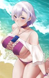 Rule 34 | 1girl, azur lane, bad id, bad pixiv id, bare shoulders, beach, bikini, blush, breasts, choker, cleavage, collarbone, cross-laced bikini, cross-laced clothes, ear piercing, feet out of frame, from above, from side, hair between eyes, half-closed eyes, highres, kneeling, large breasts, looking at viewer, ocean, official alternate costume, parted lips, piercing, purple bikini, purple choker, purple hair, reno (azur lane), reno (summer spin-off) (azur lane), revision, rinrin (user tvcf4347), sand, sandals, short hair, shrug (clothing), solo, spaghetti strap, strapless, strapless bikini, swimsuit, thighs, water, white sleeves, wristband