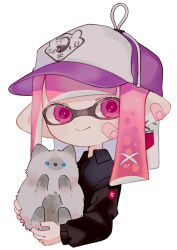 Rule 34 | 1girl, animal, bandaid, bandaid on cheek, bandaid on ear, bandaid on face, baseball cap, black shirt, blunt bangs, cat, closed mouth, collared shirt, commentary request, cropped torso, earrings, hat, highres, holding, holding animal, holding cat, inkling, inkling girl, inkling player character, jewelry, long sleeves, looking at viewer, medium hair, multicolored clothes, multicolored hat, nintendo, pink eyes, pink hair, pointy ears, purple hat, sahata saba, shirt, sidelocks, simple background, single earring, smile, solo, splatoon (series), tentacle hair, upper body, white background, white hat, wing collar