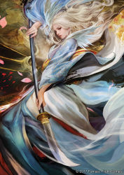 Rule 34 | 1girl, chinese clothes, doji hotaru, fighting stance, glaive (polearm), highres, legend of the five rings, lips, long hair, muju, nose, polearm, silver hair, solo, watermark, wide sleeves