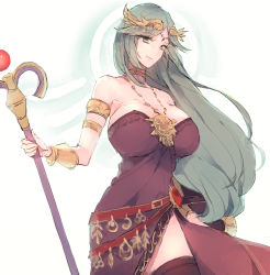 Rule 34 | 1girl, absurdres, alternate color, ancient greek clothes, bad id, bad pixiv id, bracelet, breasts, bura, chiton, dress, female focus, green eyes, green hair, grin, halo, highres, jewelry, kid icarus, large breasts, long hair, looking at viewer, neck ring, nintendo, palutena, pendant, shield, smile, solo, staff, strapless, strapless dress, super smash bros., thighhighs, tiara
