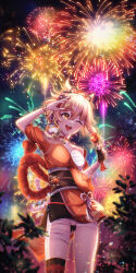 Rule 34 | 1girl, ;d, absurdres, blonde hair, bracelet, breasts, candy apple, chest sarashi, chinese wolfberry, choker, feet out of frame, fireworks, food, fundoshi, genshin impact, hadanugi dousa, hair between eyes, hair ribbon, highres, holding, holding food, japanese clothes, jewelry, kimono, looking up, medium breasts, obi, one eye closed, open kimono, open mouth, orange eyes, orange kimono, outdoors, red choker, ribbon, rope, sarashi, sash, shimenawa, short hair, sky, smile, solo, teeth, upper teeth only, upskirt, vision (genshin impact), yoimiya (genshin impact)