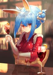 Rule 34 | 1girl, absurdres, alternate costume, alternate hairstyle, animal ear fluff, animal ears, bar (place), blue hair, blurry, blurry background, blush, commentary request, cup, drinking glass, food, fruit, highres, hololive, japanese clothes, kimono, lemon, lemon slice, looking at viewer, pov, rabbit ears, rabbit girl, smile, solo, table, thick eyebrows, usada pekora, usada pekora (new year), user xkrz3475, virtual youtuber, wine glass