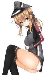 Rule 34 | 10s, 1girl, ass, black thighhighs, blonde hair, breasts, gloves, green eyes, hat, highres, kantai collection, long hair, mizushina minato, panties, prinz eugen (kancolle), simple background, solo, thighhighs, underwear, white background, white gloves, white panties