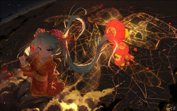 Rule 34 | 1girl, above clouds, arm at side, artist name, beads, black thighhighs, blue eyes, bracelet, breasts, carrying over shoulder, chinese clothes, choker, city, closed mouth, cloud, floating hair, flower, from above, green hair, hair ornament, hatsune miku, holding, jewelry, kanzashi, lantern, light particles, long hair, long sleeves, medium breasts, night, night sky, paper lantern, qys3, sash, signature, sitting, sky, solo, star (sky), swept bangs, thighhighs, twintails, very long hair, vocaloid, wariza, wide sleeves