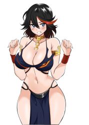 Rule 34 | 1girl, absurdres, adapted costume, armlet, azmi yudista, bare shoulders, black hair, blue eyes, breasts, cleavage, commentary, commission, cosplay, cowboy shot, hands up, harem outfit, highres, kill la kill, large breasts, looking at viewer, matoi ryuuko, medium hair, multicolored hair, navel, pelvic curtain, red hair, senketsu, simple background, slave leia, slave leia (cosplay), solo, standing, star wars, star wars: return of the jedi, stomach, streaked hair, thighs, white background, wristband