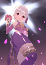 Rule 34 | 1girl, armlet, armor, ass, backlighting, bad id, bad pixiv id, bare shoulders, bikini armor, blush, bracelet, breasts, collar, detached sleeves, dress, earrings, fate/grand order, fate (series), floral print, flower, from below, gradient background, hair ribbon, highres, jewelry, kama (fate), kama (first ascension) (fate), looking at viewer, looking down, lotus, metal collar, miniskirt, open mouth, pelvic curtain, petals, purple dress, purple skirt, purple sleeves, purple thighhighs, red eyes, ribbon, ring, short hair, silver hair, skirt, small breasts, thighhighs, thighlet, thighs, zenshin