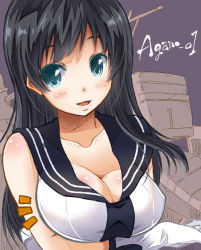 Rule 34 | 10s, 1girl, ^^^, agano (kancolle), black hair, breasts, cleavage, gloves, kantai collection, large breasts, long hair, open mouth, school uniform, serafuku, solo, utsurogi angu, white gloves