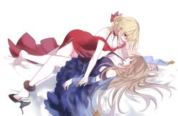 Rule 34 | 2girls, anklet, bad id, bad twitter id, barefoot, blonde hair, blue dress, blush, breasts, brown hair, choker, cleavage, closed eyes, commentary request, dress, earrings, girl on top, hair up, halterneck, high heels, highres, interlocked fingers, jewelry, katalina (granblue fantasy), large breasts, long hair, lying, multiple girls, necklace, on back, open mouth, red dress, red eyes, red ribbon, ribbon, side slit, thighs, vira (granblue fantasy)
