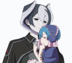 Rule 34 | 1boy, 1girl, bad id, bad twitter id, black cape, black eyes, blue hair, blunt bangs, blush, cape, capelet, carrying, child, closed eyes, closed mouth, commentary, grey hair, hair between eyes, highres, hug, made in abyss, maid, maid headdress, maruruk, mi (pic52pic), multicolored hair, ozen, parted lips, pouch, short hair, sleeping, smile, trap, two-tone hair, whistle, white hair