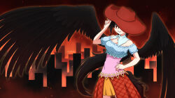 Rule 34 | 1girl, absurdres, bare shoulders, black hair, breasts, building, cleavage, collarbone, cowboy hat, cowboy shot, frilled sleeves, frills, hat, highres, horse girl, horse tail, kurokoma saki, large hat, large wings, long hair, looking at viewer, medium breasts, miniskirt, multicolored clothes, patchwork clothes, pegasus wings, ponytail, rakkidei, red eyes, skirt, smile, solo, tail, teeth, touhou, twitter username, very long hair, wings