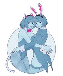 Rule 34 | 2girls, animal ears, blue skin, bob cut, bow, bowtie, breasts, cat ears, cat tail, cleavage, coat, colored skin, commentary, detached collar, fake animal ears, fake tail, fishnet pantyhose, fishnets, hairband, hanpetos, highleg, highleg leotard, lahla (mario), leotard, mario (series), medium breasts, multiple girls, nintendo, pantyhose, paper mario, paper mario: the thousand year door, peeka (mario), personification, pink bow, pink bowtie, pink nails, playboy bunny, rabbit ears, rabbit tail, short hair, siblings, sisters, strapless, strapless leotard, tail, thighhighs, wrist cuffs