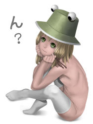 Rule 34 | 1girl, bad id, bad pixiv id, blonde hair, control5, crossed legs, female focus, flat chest, green eyes, hat, head rest, highres, moriya suwako, nipples, nude, ribs, short hair, simple background, sitting, smile, solo, spine, thighhighs, touhou, white background, white thighhighs