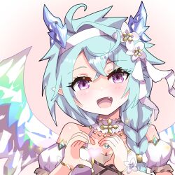 1girl :d absurdres blue_hair blush braid breasts cleavage collarbone crossed_bangs crystal_horns crystal_wings detached_sleeves dragon_girl dragon_horns dragon_wings dress fang flower hair_between_eyes hair_flower hair_ornament hair_over_shoulder heart heart_hands heart_in_heart_hands highres horns light_blue_hair open_mouth pink_background princess_connect! puffy_short_sleeves puffy_sleeves purple_eyes sheffy_(princess)_(princess_connect!) sheffy_(princess_connect!) short_sleeves single_braid sleeveless sleeveless_dress small_breasts smile solo split_mouth syalm textless_version upper_body white_flower wings