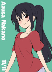 Rule 34 | 1girl, alternate hairstyle, black hair, blush, character name, collarbone, dated, green background, highres, ikari manatsu, k-on!, long hair, nakano azusa, ponytail, red eyes, simple background, smile, solo