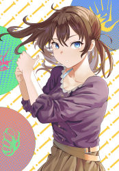 Rule 34 | 1girl, belt, belt buckle, blue eyes, braid, breasts, brown belt, brown hair, brown skirt, buckle, cleavage, collarbone, commentary request, frilled shirt, frills, hair between eyes, halftone, halftone background, hands up, highres, long sleeves, looking at viewer, medium breasts, mosta (lo1777789), original, parted lips, pleated skirt, purple shirt, shirt, skirt, solo, white background