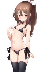 Rule 34 | 1girl, bikini, black bikini, black thighhighs, blush, breasts, brown hair, closed mouth, collarbone, commentary request, female focus, groin, hair between eyes, hair ribbon, highres, kantai collection, long hair, looking at viewer, navel, petite, ponytail, red eyes, ribbon, side-tie bikini bottom, simple background, small breasts, smile, solo, swimsuit, thighhighs, white background, white ribbon, zarashi, zuihou (kancolle)