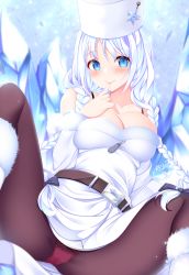 Rule 34 | 1girl, absurdres, avrora (azur lane), azur lane, black pantyhose, blue eyes, boots, braid, breasts, cleavage, commission, dress, finger to mouth, fur-trimmed boots, fur-trimmed dress, fur hat, fur trim, hat, highres, ice, large breasts, looking at viewer, origami aya, panties, panties under pantyhose, pantyhose, red panties, skeb commission, spread legs, twin braids, underwear, white dress, white footwear, white hair, white headwear