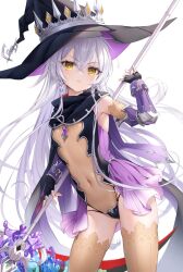 Rule 34 | 1girl, armpits, bare shoulders, black gloves, black hat, cape, closed mouth, commission, contrapposto, covered navel, cowboy shot, detached sleeves, elbow gloves, fingerless gloves, flat chest, gloves, gluteal fold, hat, highres, hilda (stella glow), holding, holding scythe, leotard, long hair, long sleeves, looking at viewer, scythe, see-through, see-through leotard, skeb commission, solo, standing, stella glow, suyamori, thighhighs, thighs, v-shaped eyebrows, very long hair, white hair, witch, witch hat, yellow eyes