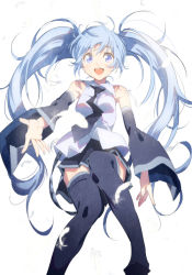 Rule 34 | 1girl, :d, black footwear, black necktie, black skirt, black thighhighs, blue hair, boots, collared shirt, detached sleeves, domo1220, feathers, hatsune miku, knee up, long hair, looking at viewer, necktie, open mouth, outstretched arm, purple eyes, shirt, skirt, sleeveless, sleeveless shirt, smile, solo, teeth, thigh boots, thighhighs, twintails, very long hair, vocaloid, white background, wide sleeves
