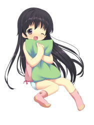 Rule 34 | 1girl, ;d, absurdres, anyannko, bad id, bad pixiv id, black hair, blush, child, highres, hugging object, long hair, one eye closed, open mouth, original, pillow, pillow hug, purple eyes, simple background, sitting, smile, socks, solo, very long hair, white background, wink