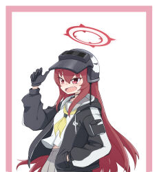 Rule 34 | 1girl, absurdres, altyn helmet, black gloves, black jacket, blue archive, blush, breasts, gloves, grey skirt, halo, helmet, highres, jacket, long hair, long sleeves, neckerchief, open clothes, open jacket, open mouth, rabu (blue archive), red eyes, red hair, sailor collar, sharp teeth, shirt, skirt, small breasts, solo, suecovsky, teeth, upper body, upper teeth only, white shirt, yellow neckerchief