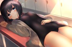 Rule 34 | 1girl, bench, black hair, black one-piece swimsuit, blue eyes, blush, breasts, closed mouth, commentary request, drawstring, grey jacket, hair between eyes, hand on own stomach, hand up, heart, heart-shaped pupils, highres, hood, hood down, hooded jacket, indoors, jacket, locker, locker room, long sleeves, looking at viewer, lying, medium breasts, neku (neku draw), old school swimsuit, on back, on bench, one-piece swimsuit, open clothes, open jacket, original, school swimsuit, short hair, smile, solo, swimsuit, symbol-shaped pupils